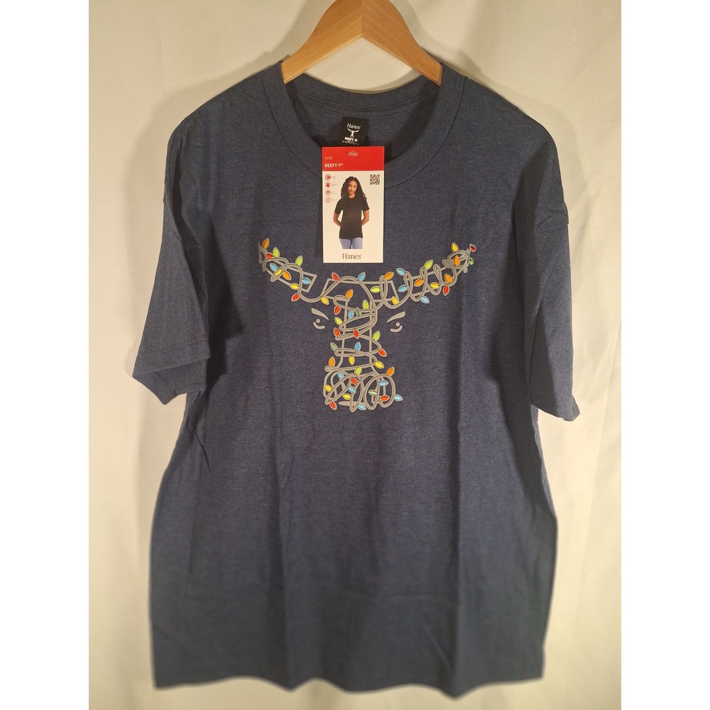 Hanes Beefy-T Christmas Reindeer Lights Graphic T-Shirt Navy Blue Mens Large NEW